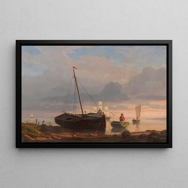Bateaux de pêche sur la plage au crépuscule - Anton Melbye — framed artwork on a wall