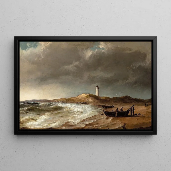 Fishermen near their boats on the beach near Skagen Lighthouse - Anton Melbye — framed artwork on a wall