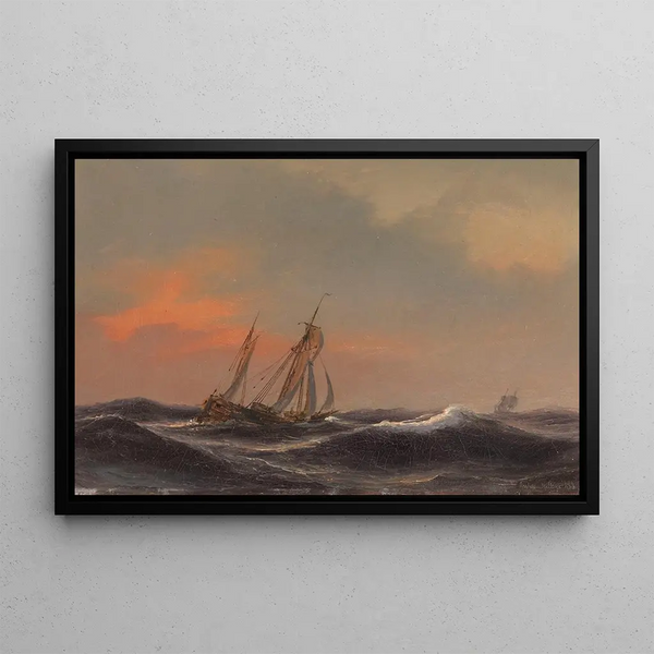 Sailing boat on rough sea - Anton Melbye — framed artwork on a wall