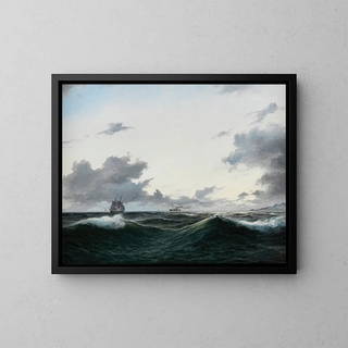 Ship with sails and steam at anchor off a coast - Anton Melbye — framed artwork on a wall