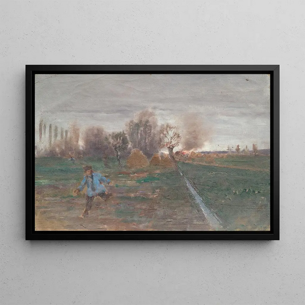 Landscape with Burning Farm - Anton Nowak — framed artwork on a wall