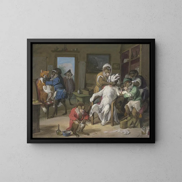 Barbier, monkey shaving dogs - Anton Radl — framed artwork on a wall
