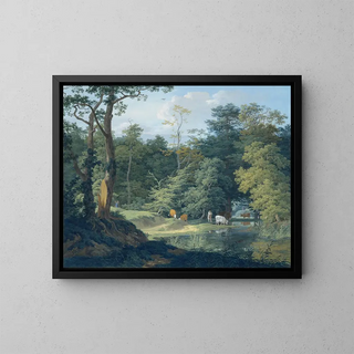 Abreuvoir for livestock in the forest, on the left a hunter - Anton Radl — framed artwork on a wall