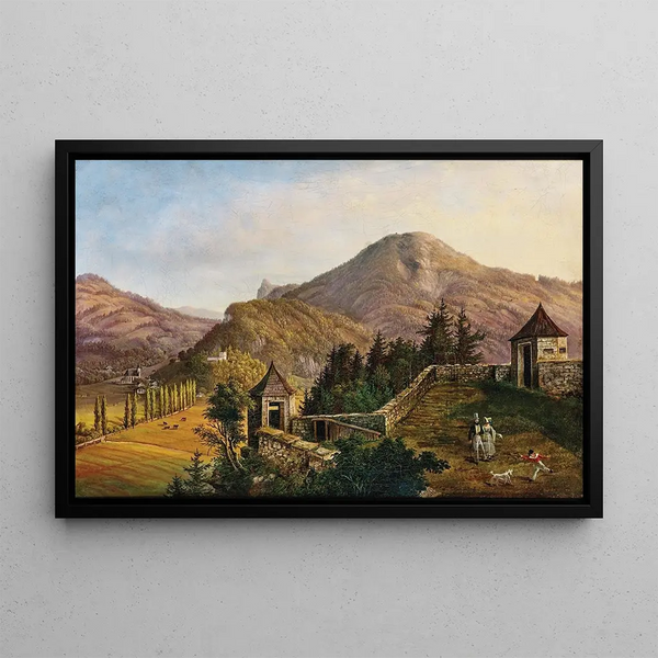 Scene in Salzburg, view of Gaisberg, Nockstein and Kapuzinerberg - Anton Reiffenstuhl — framed artwork on a wall