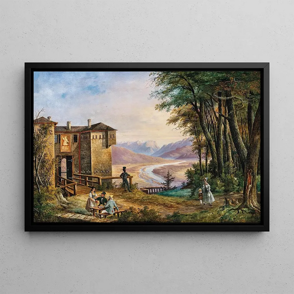 Scene in Salzburg, excursionists resting with view of the Lueg pass - Anton Reiffenstuhl — framed artwork on a wall