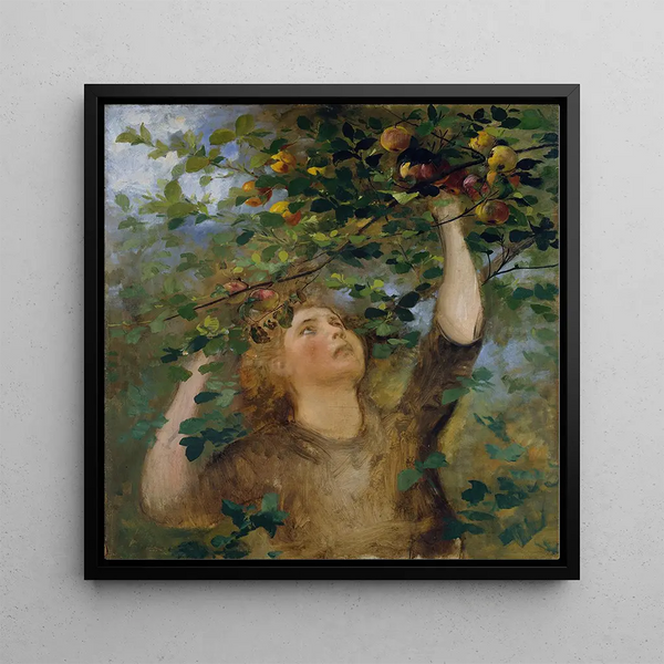 Girl Picking Apples - Anton Romako — framed artwork on a wall