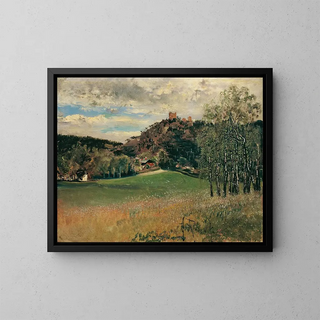 La prairie de la laiterie à Vorderbrühl avec la ruine de Mödling - Anton Romako — framed artwork on a wall