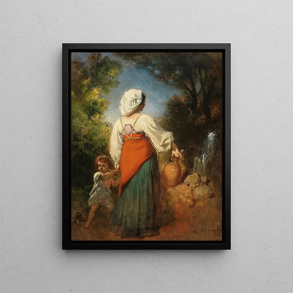 Italian woman with child at the fountain - Anton Romako — framed artwork on a wall