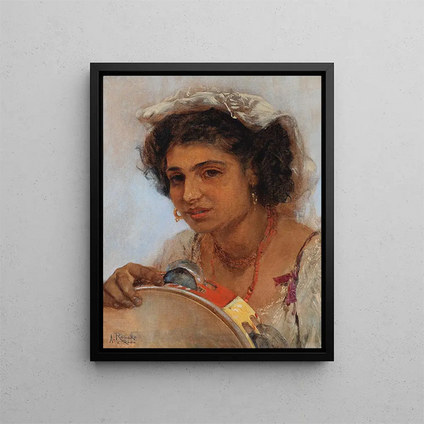 Italian girl with headscarf and tambourine - Anton Romako — framed artwork on a wall