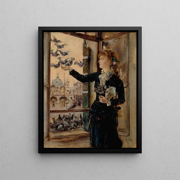 Girl feeding pigeons at a window overlooking Piazza San Marco - Anton Romako — framed artwork on a wall