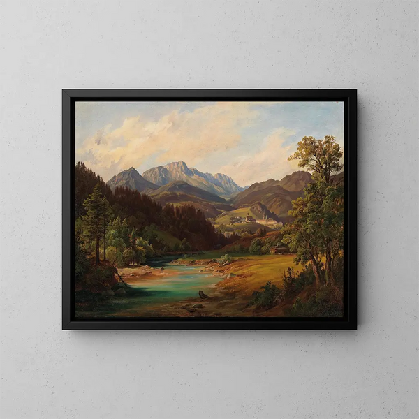 Landscape painting with monastery - Anton Schiffer — framed artwork on a wall