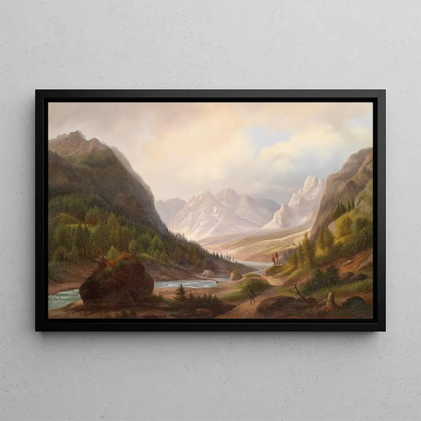 Promeneur dans la vallée montagneuse - Anton Schiffer — framed artwork on a wall
