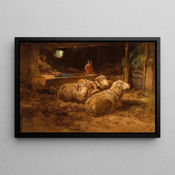 Sheep in the Stable - Anton Schrödl — framed artwork on a wall