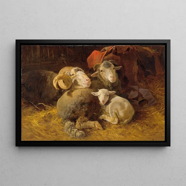 Sheep in the Stable - Anton Schrödl — framed artwork on a wall