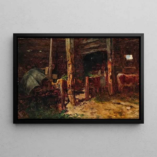 Interior Stable Scene of Pinzgau - Anton Schrödl — framed artwork on a wall