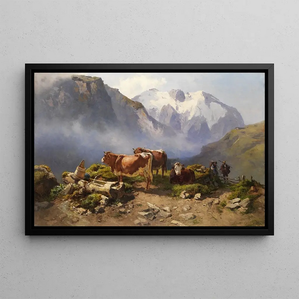 Cows grazing on a mountain pasture - Anton Schrödl — framed artwork on a wall