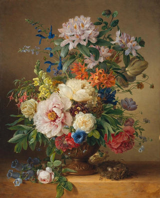 a peony, a rhododendron, an azalea, an antirrhinum, and a columbine in a sculpted urn on a stone ledge with a bird's nest - Anton Weiss — artwork view