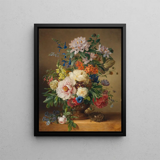 a peony, a rhododendron, an azalea, an antirrhinum, and a columbine in a sculpted urn on a stone ledge with a bird's nest - Anton Weiss — framed artwork on a wall