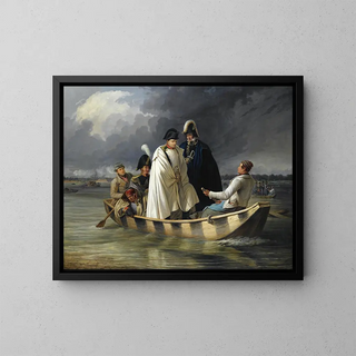 Napoleon leaving Lobau after the defeat at the Battle of Aspern - Anton von Perger — framed artwork on a wall
