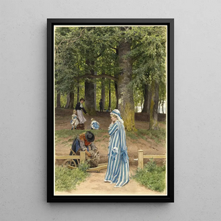 L'épouse de l'artiste et ses filles dans un parc à Heringsdorf - Anton von Werner — framed artwork on a wall