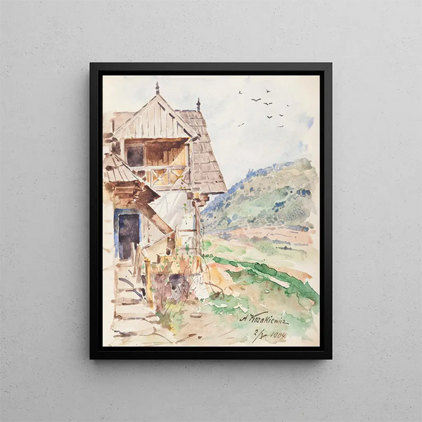 Commemorative Book Painting of Szczawnica Garden Activities, View of Jarmut - Antoni Kozakiewicz — framed artwork on a wall
