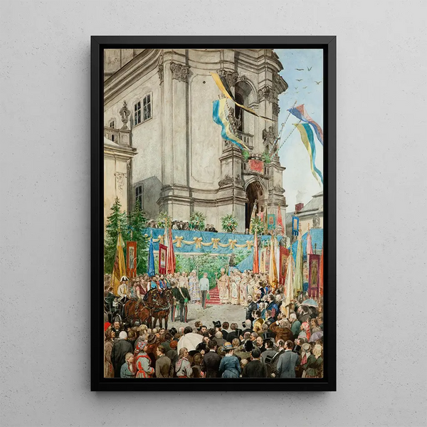 The Emperor welcomed in front of Saint George's Cathedral in Lviv - Antoni Kozakiewicz — framed artwork on a wall