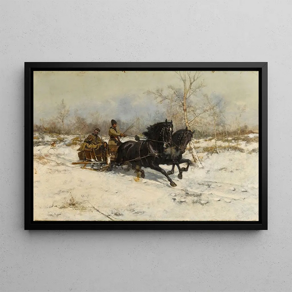Winter Landscape Painting with a Carriage - Antoni Piotrowski — framed artwork on a wall