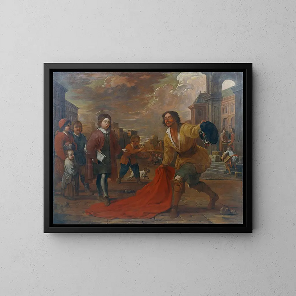 A simple man places his coat at the feet of Saint Francis as a child - Antoni Viladomat — framed artwork on a wall