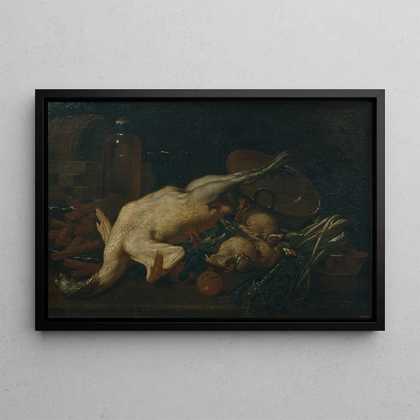 Still life with vegetables, turkey, other poultry, and waffles - Antoni Viladomat — framed artwork on a wall