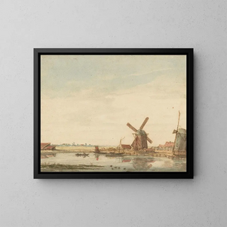Windmills on a Canal - Antonie Erkelens — framed artwork on a wall