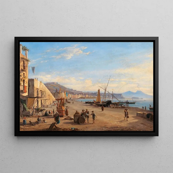 Naples view of the Riviera di Chiaia from Mergellina - Antonie Sminck Pitloo — framed artwork on a wall
