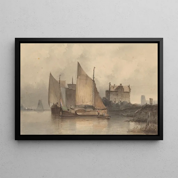 View of a River with a Sailboat - Antonie Waldorp — framed artwork on a wall