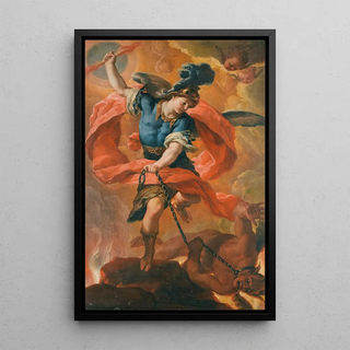 L'Archange Michel terrassant le Diable - Antonio Acisclo Palomino de Castro y Velasco — framed artwork on a wall