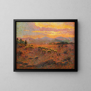 Herd of sheep with shepherd - Antonio Ballero — framed artwork on a wall
