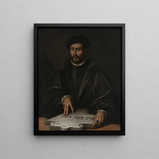 Portrait of a man with a Hebrew tablet - Antonio Campi — framed artwork on a wall