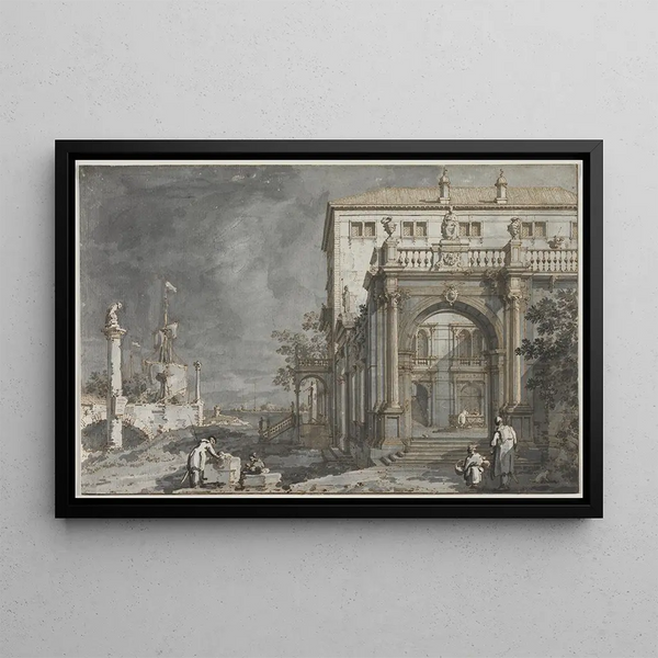 Capriccio A palace with a courtyard near the lagoon - Antonio Canaletto — framed artwork on a wall