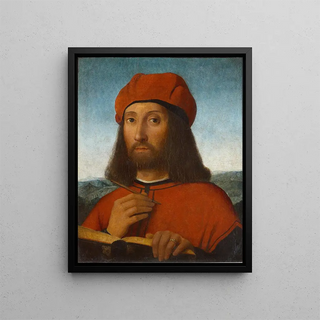 Portrait of a man with a red beret and book - Antonio de Saliba — framed artwork on a wall