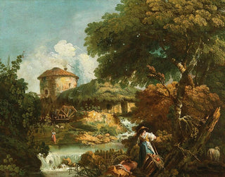 A river landscape with figures and a watermill in the distance - Antonio Diziani — artwork view