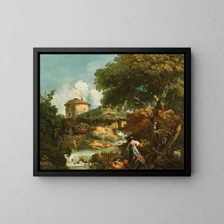 A river landscape with figures and a watermill in the distance - Antonio Diziani — framed artwork on a wall