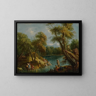 a wooded landscape with figures and animals near a lake - Antonio Diziani — framed artwork on a wall
