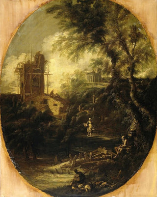 Landscape painting with a hermit pilgrim and a peasant - Antonio Francesco Peruzzini — artwork view