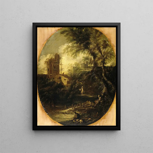 Landscape painting with a hermit pilgrim and a peasant - Antonio Francesco Peruzzini — framed artwork on a wall