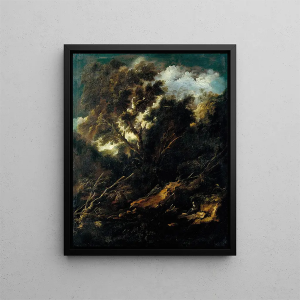 Landscape with a Franciscan reading and praying - Antonio Francesco Peruzzini — framed artwork on a wall