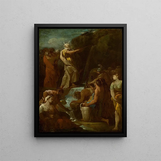Moses Strikes Water from the Rock - Antonio González Velázquez — framed artwork on a wall