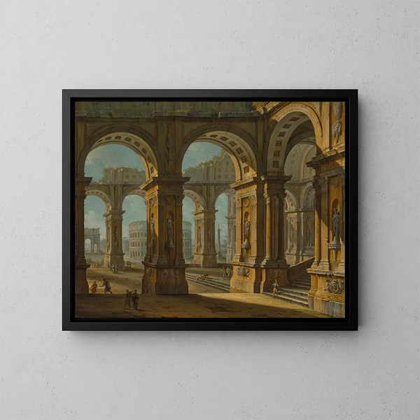 a Caprice of Rome with the Colosseum and the Arch of Titus - Antonio Joli — framed artwork on a wall