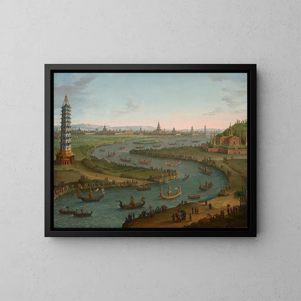 A Caprice with the French ambassador approaching the king of Siam's palace in a state barge in October 1685 - Antonio Joli — framed artwork on a wall