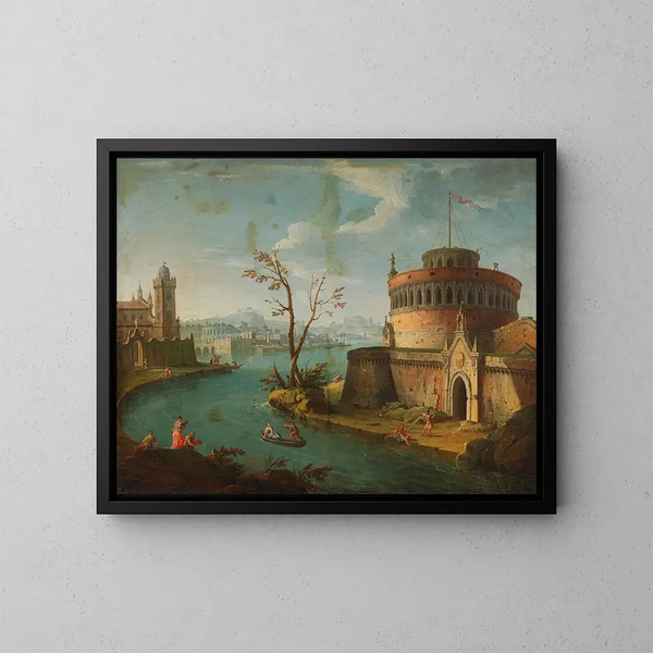 a whimsical Italian river landscape - Antonio Joli — framed artwork on a wall