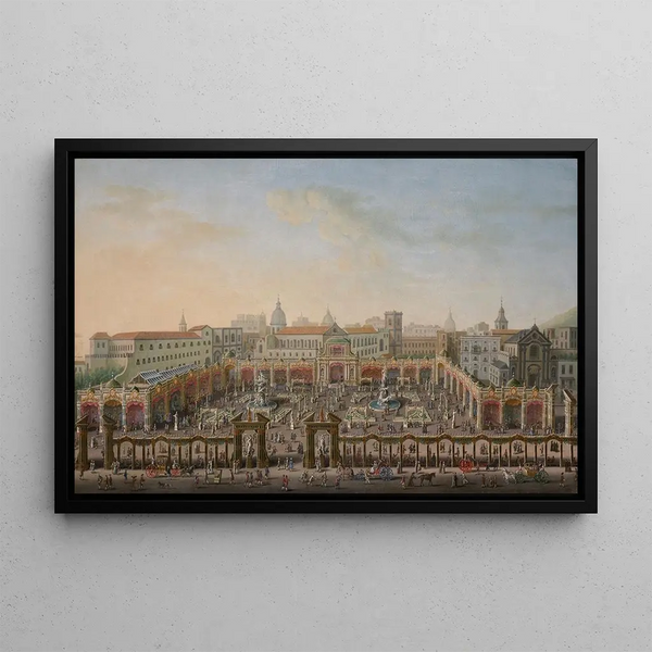 Naples Piazza Trieste e Trento with a fair seen from a balcony of the Royal Palace - Antonio Joli — framed artwork on a wall