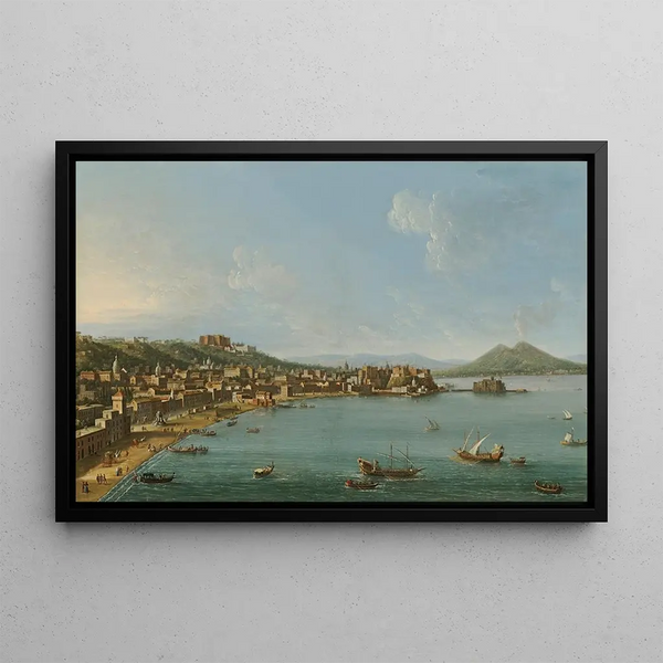 Naples painting, a view of the Riviera di Chiaia from the northwest with Vesuvius in the distance - Antonio Joli — framed artwork on a wall