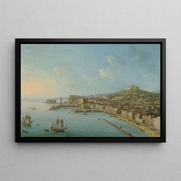 Naples from the southeast with Castel Nuovo - Antonio Joli — framed artwork on a wall